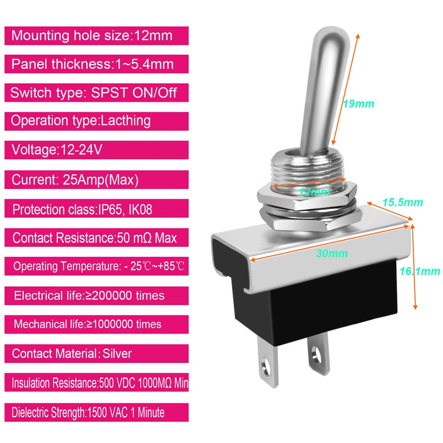 Metal Toggle Switch 25A 12VDC/15A 24VDC/10A 250VAC/ 15A 125VAC SPST On/Off 2Pin 2 Position