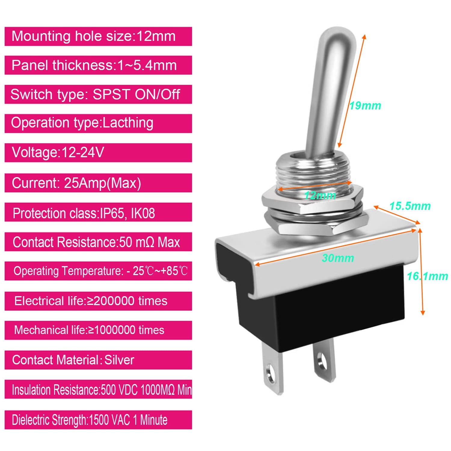 Metal Toggle Switch 25A 12VDC/15A 24VDC/10A 250VAC/ 15A 125VAC SPST On/Off 2Pin 2 Position