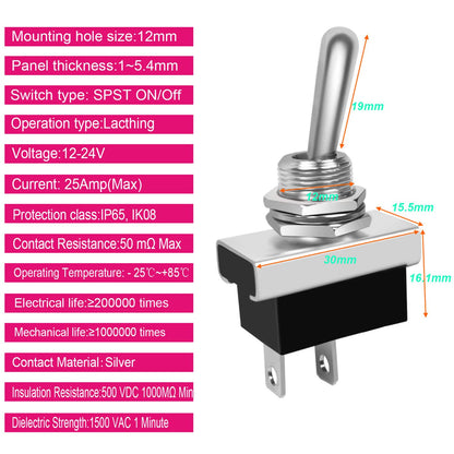 Metal Toggle Switch 25A 12VDC/15A 24VDC/10A 250VAC/ 15A 125VAC SPST On/Off 2Pin 2 Position
