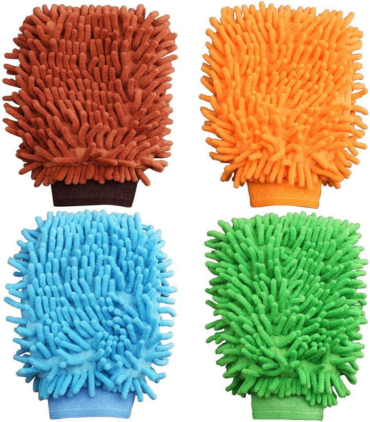 4 Pcs Car Wash Mitts, Double Sided Microfiber Mitts Super Absorbent Microfibre Gloves Microfibre Cloth for Car & Household Cleaning (Random Color)