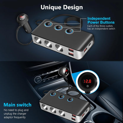 Cigarette Lighter Adapter 140W Cigarette Lighter USB Charger with 12V USB Socket Dual Plug/Port & Extension Lead Fast Charge for All Car Devices